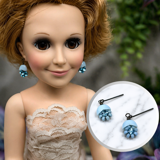 Light Blue Glass Rhinestone Flower Dangle Doll Earrings for 18-22” Vintage Doll