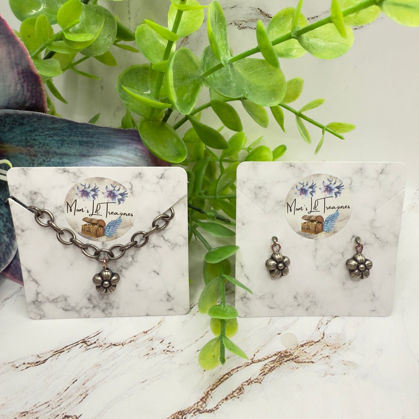 Flower Dangle Gunmetal Dark Silver Doll Necklace & Earrings • 14 Inch Fashion Doll Jewelry