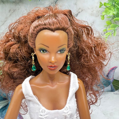 Green Teardrop Rhinestone Clear Crystal Dangle Doll Earrings • 16 Inch Fashion Doll Jewelry