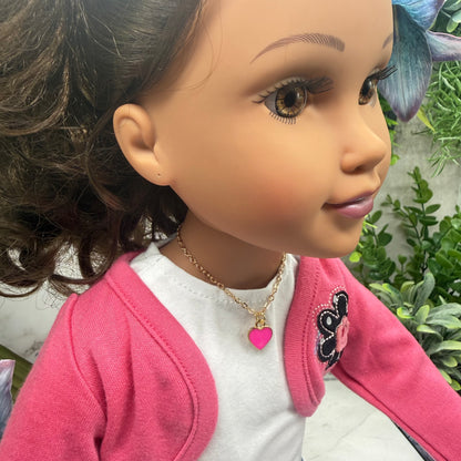 Pink Heart Charm Gold Chain Doll Necklace • 18 Inch Fashion Doll Jewelry