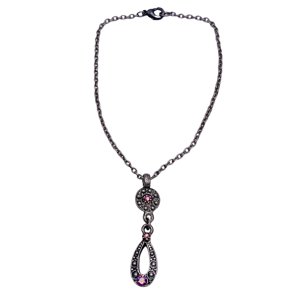 Red AB Rhinestone Dangle Pendant Gun Metal Doll Necklace • 18 Inch Doll Jewelry