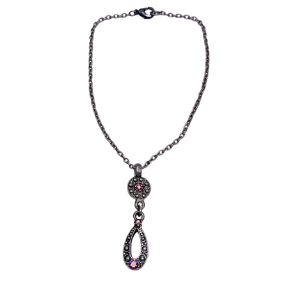 Red AB Rhinestone Dangle Pendant Gun Metal Doll Necklace • 18 Inch Doll Jewelry