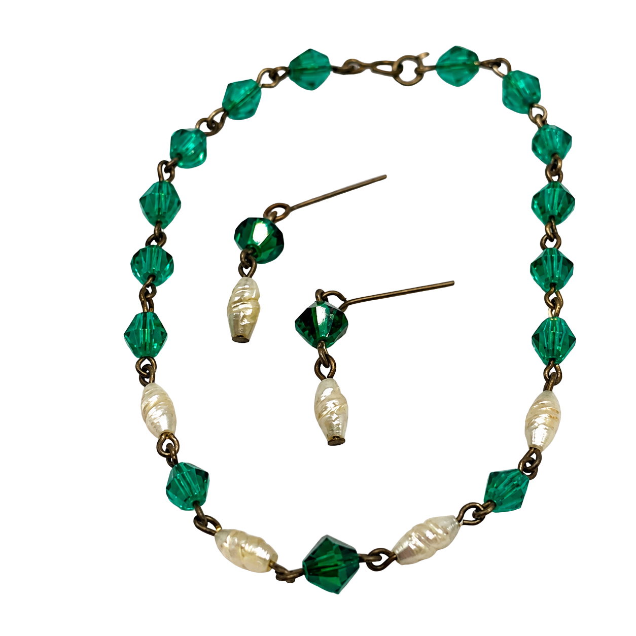 Green Glass Crystal Pearl Necklace Earring Set • 18-22 Inch Doll Jewelry