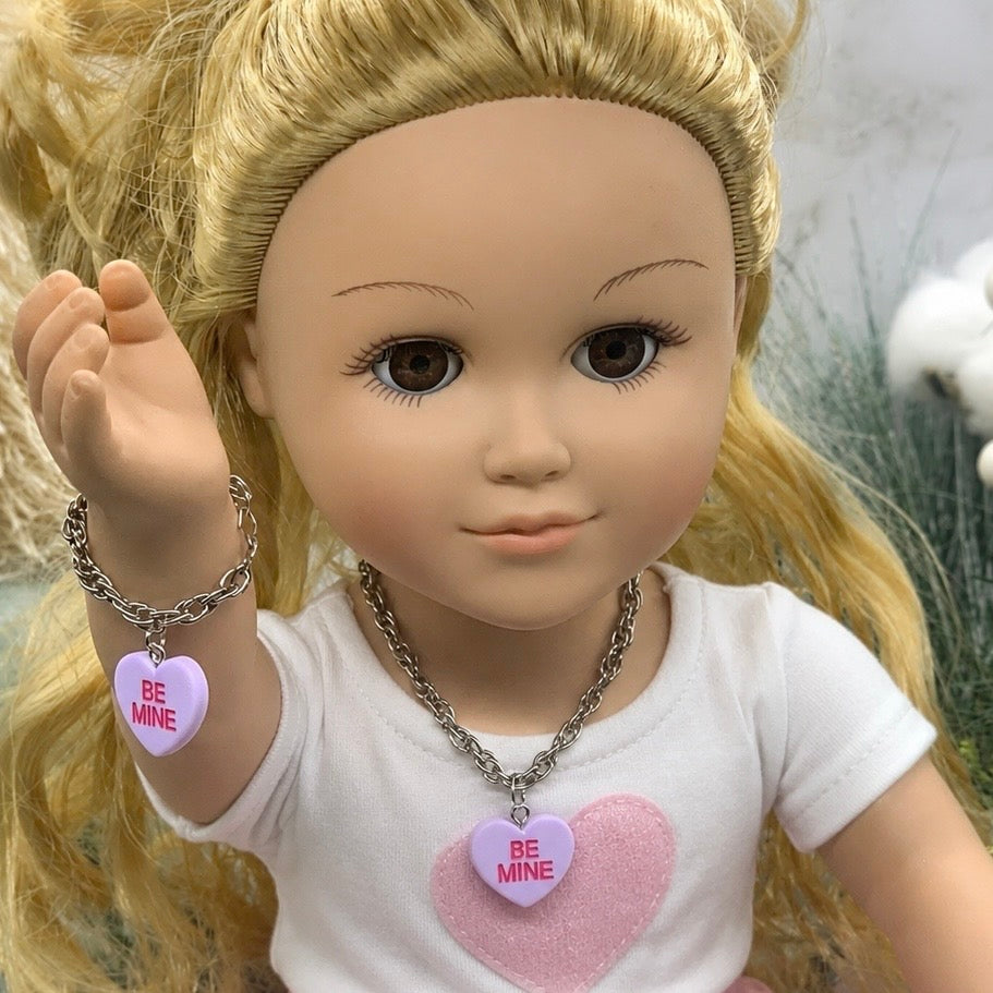 Purple Heart Charm Silver Necklace Bracelet Set • 18 inch Fashion Doll Jewelry