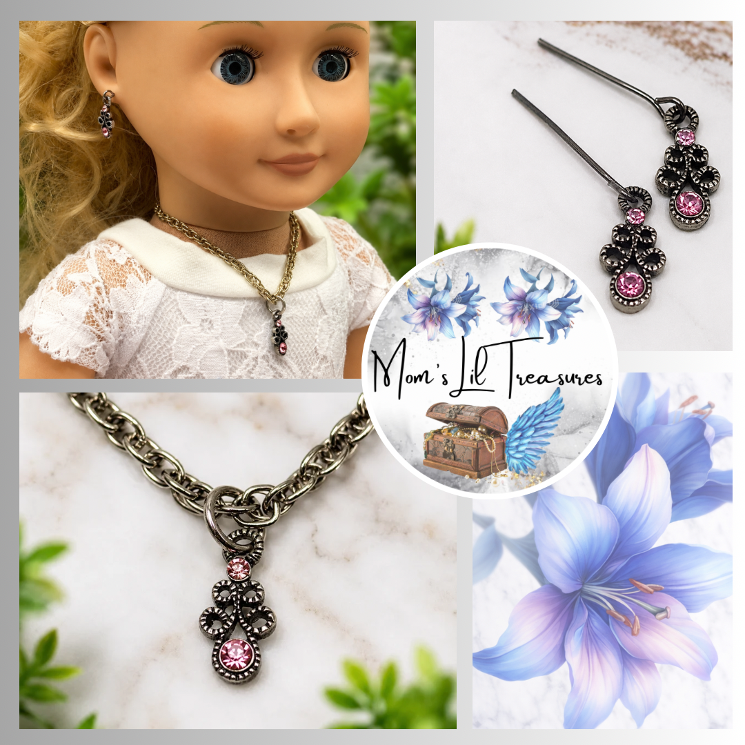 Pink Rhinestone Gun Metal Design Doll Necklace Earring Set • 18” Doll Jewelry