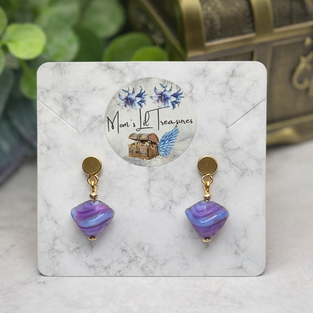 Purple Blue Swirl Glass Drop Gold Doll Earrings - DANGLE ONLY fits 2mm post for 18 Inch Fashion Dolls