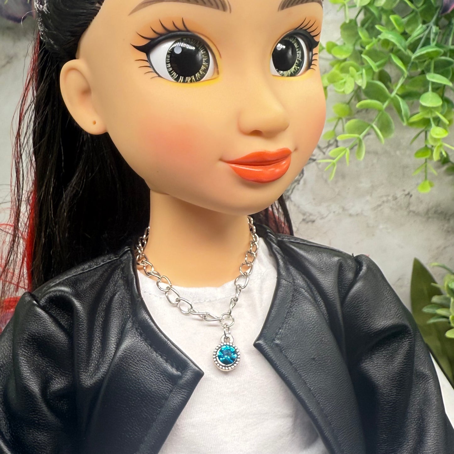 Round Turquoise Rhinestone Pendant Silver Link Doll Necklace • 18 Inch Fashion Doll Jewelry