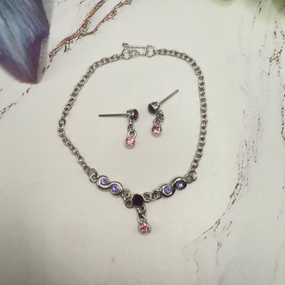Pink Purple Rhinestone Silver Doll Necklace & Earrings Set • 18 Inch Fashion Doll Jewelry