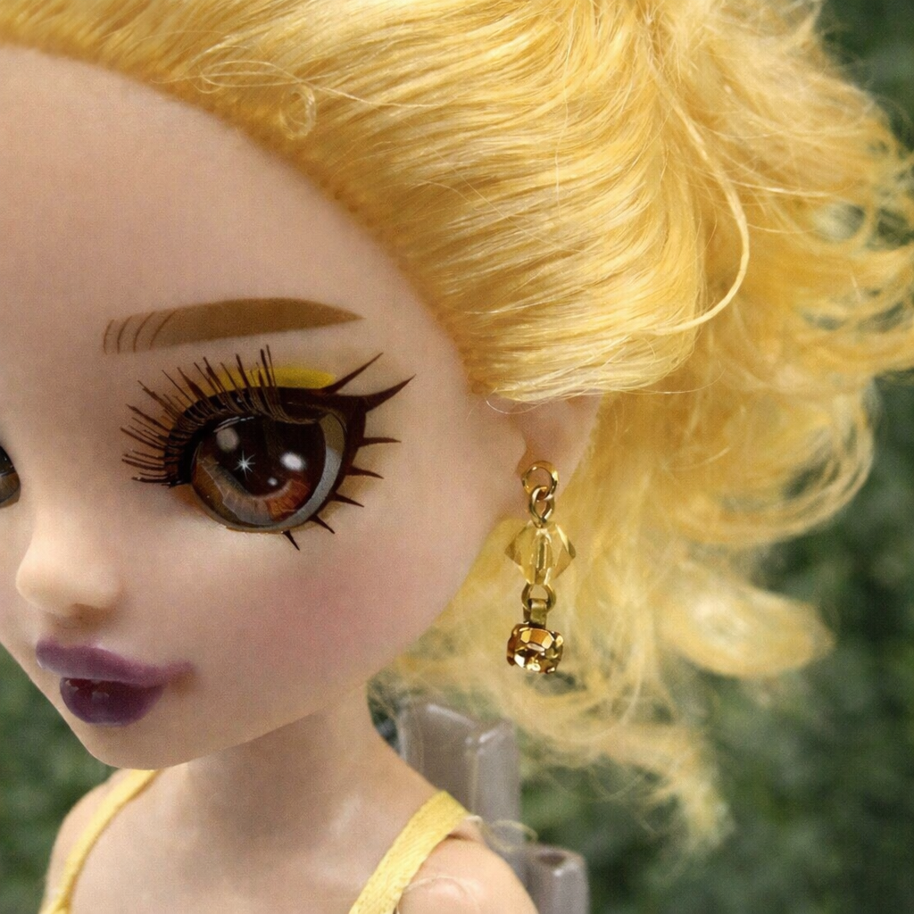 Amber Yellow Glass Crystal Rhinestone Dangle Doll Earrings • 10-12” Doll Jewelry