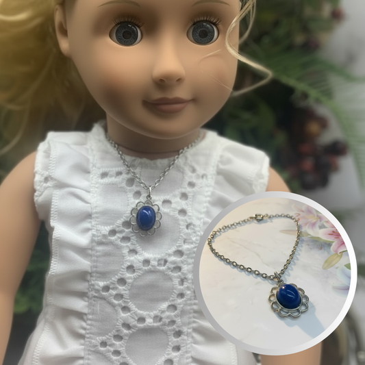 Oval Dark Blue Silver Filigree Pendant Doll Necklace • 18” Fashion Doll Jewelry