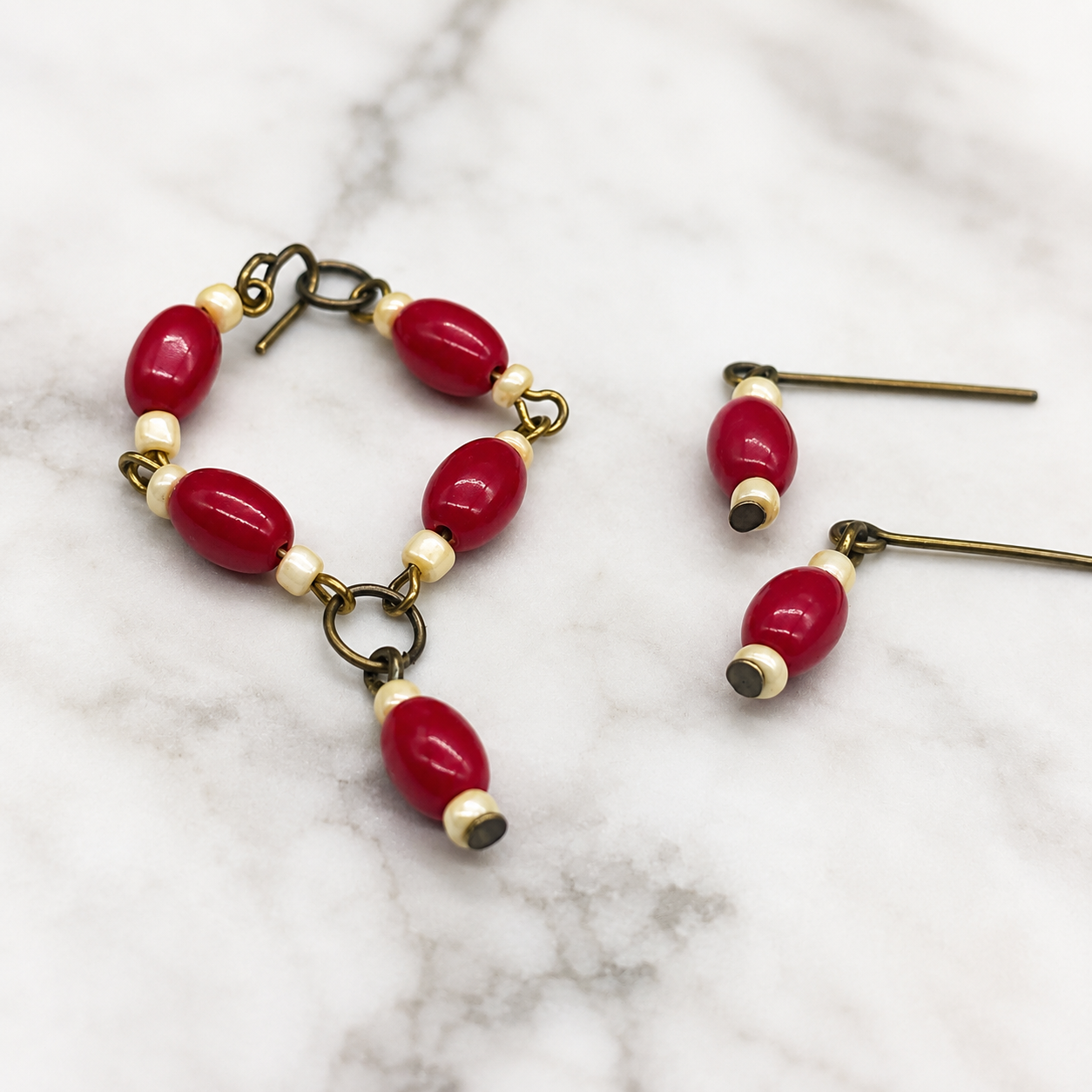 Red White Beaded Doll Necklace Earring Set • 16 Inch Fashion Doll Jewelry