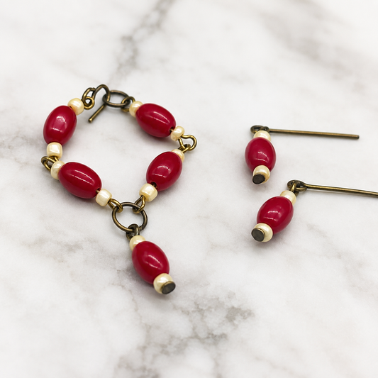 Red White Beaded Doll Necklace Earring Set • 16 Inch Fashion Doll Jewelry