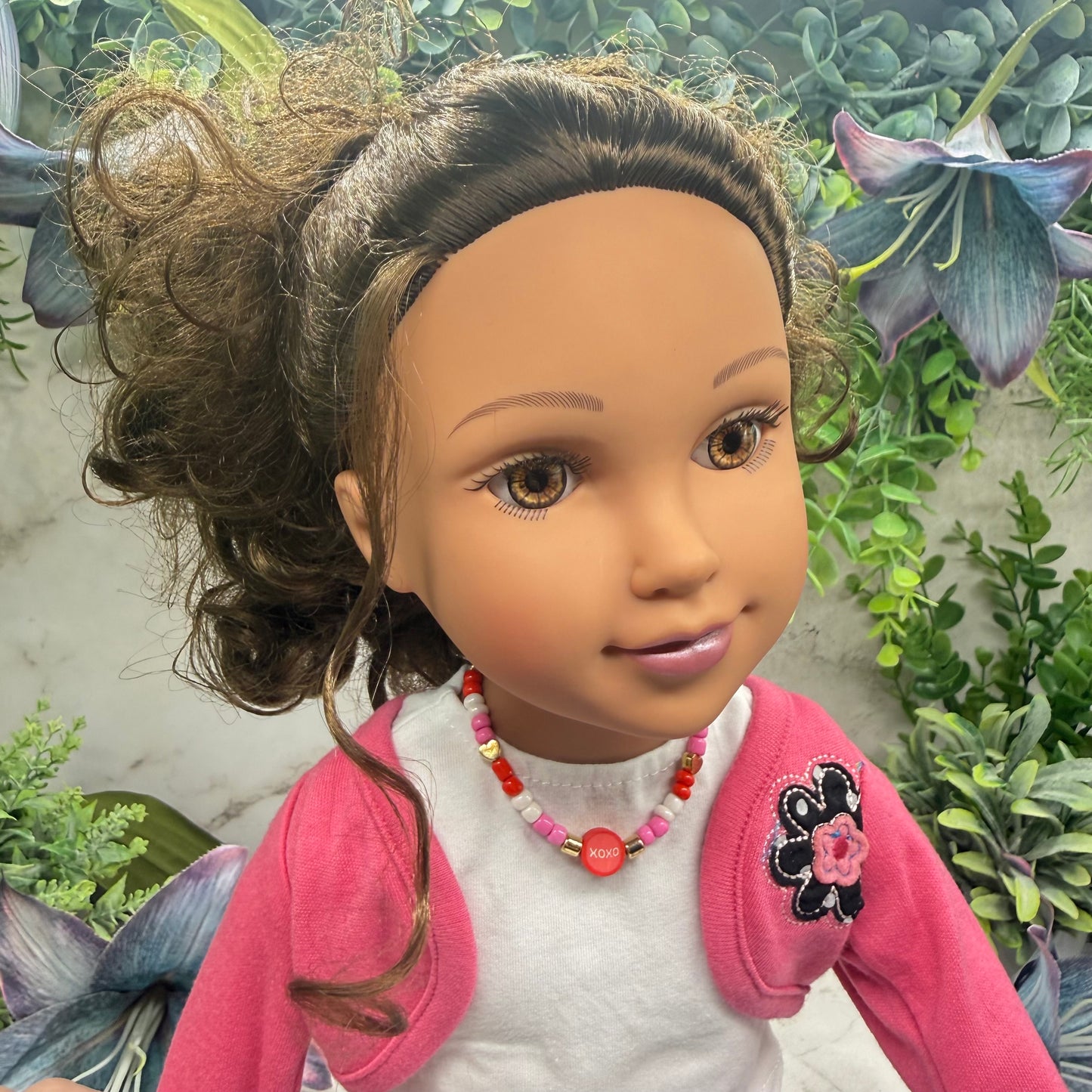 XOXO Pink Red White Beaded Doll Necklace Valentine’s Day• 18 Inch Fashion Doll Jewelry