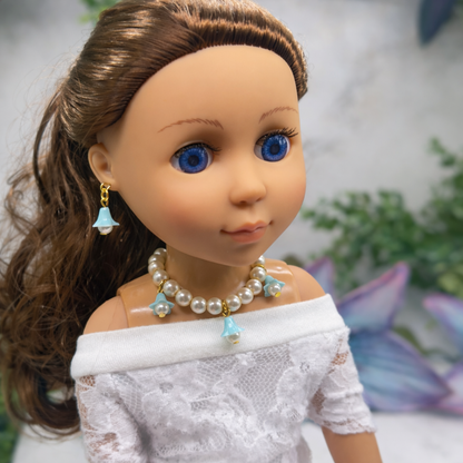 Turquoise Blue Bell Flower Dangle Pearl Beaded Doll Necklace & Earrings • 14 Inch Fashion Doll Jewelry