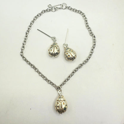 Silver Lady Bug Charm Doll Necklace & Earrings Set • 18 Inch Fashion Doll Jewelry