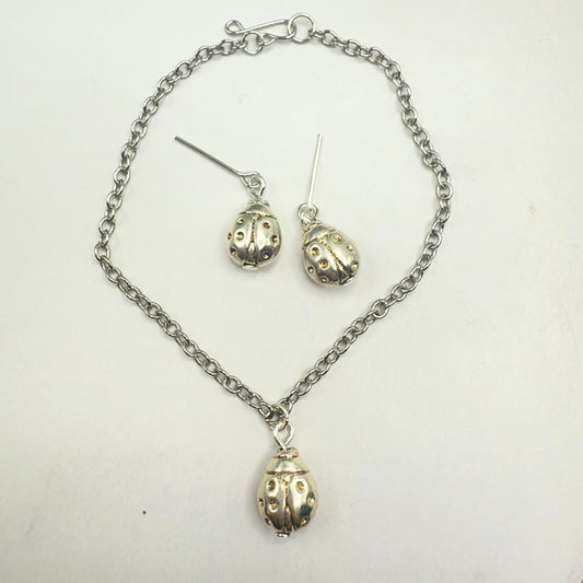 Silver Lady Bug Charm Doll Necklace & Earrings Set • 18 Inch Fashion Doll Jewelry
