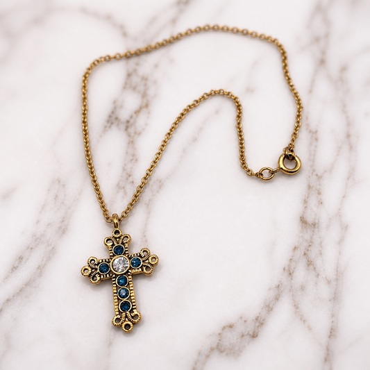 Blue Rhinestone Gold Cross Pendant Doll Necklace • 18 Inch Fashion Doll Jewelry