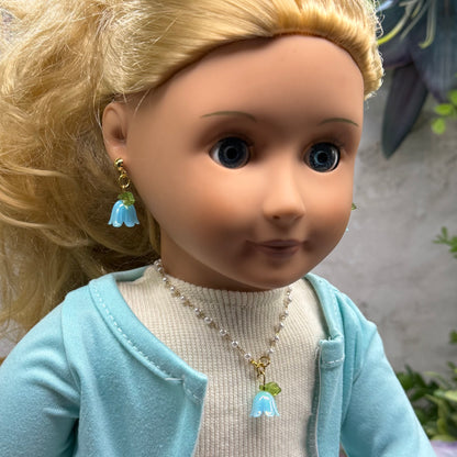 Turquoise Blue Bell Flower Lily of Valley Charm Pearl Beaded Doll Necklace & Earrings • 18 Inch Fashion Doll Jewelry