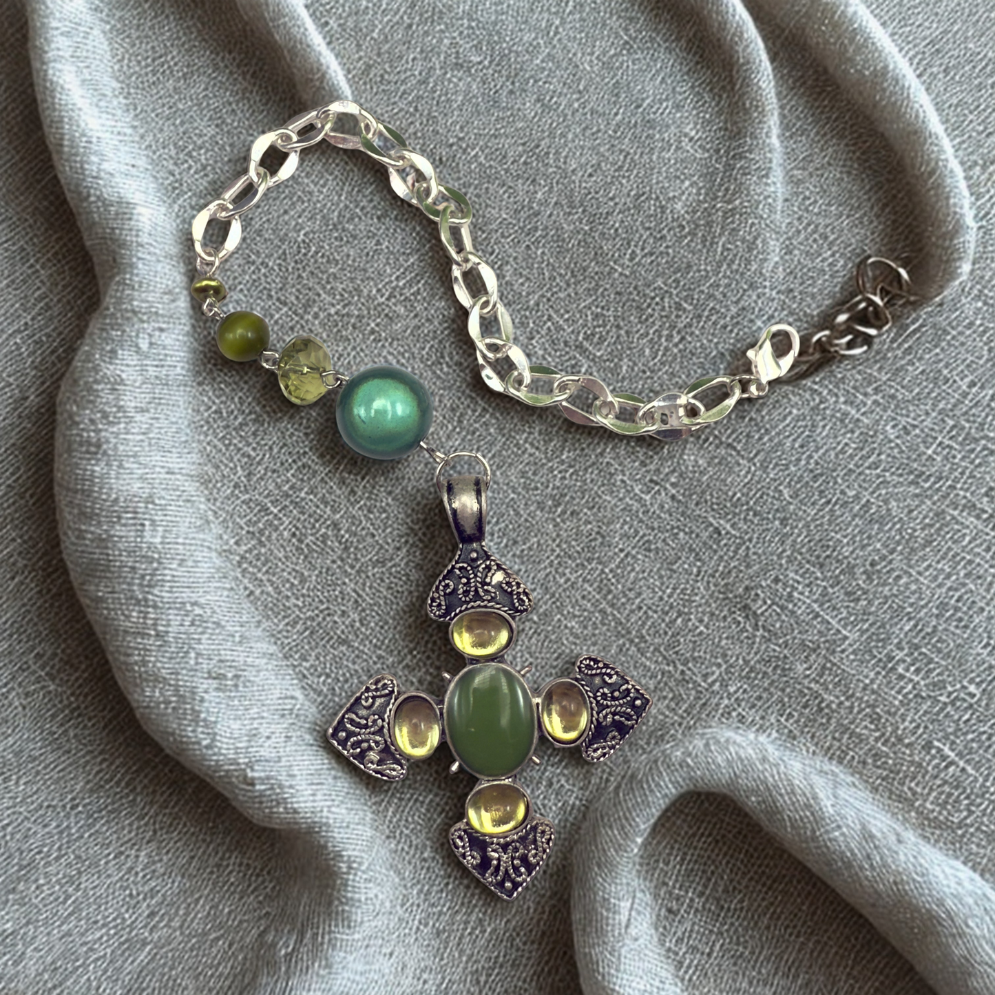 Green Cabochon Silver Cross & Green Bead Chain • Car Mirror Charm / Sun Catcher