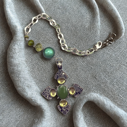Green Cabochon Silver Cross & Green Bead Chain • Car Mirror Charm / Sun Catcher
