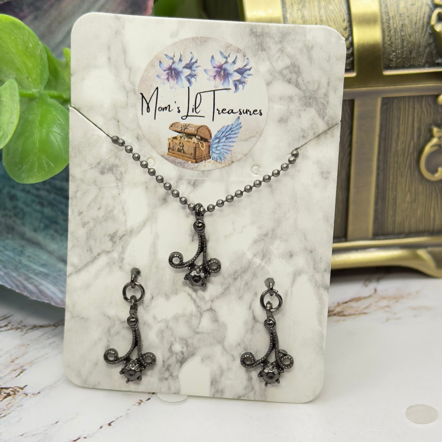 Black Dark Scroll Design Gray Metallic Rhinestone Ball Chain Doll Necklace & Earrings • 16 Inch Fashion Doll Jewelry