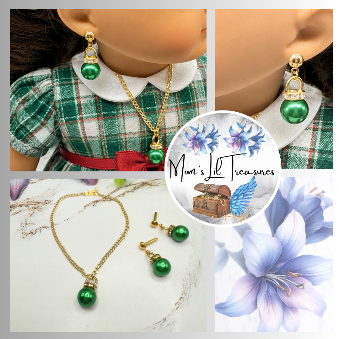 Green Christmas Ball Ornament Charm Doll Necklace & Dangle Doll Earrings • 2mm Post for 18 Inch Fashion Doll