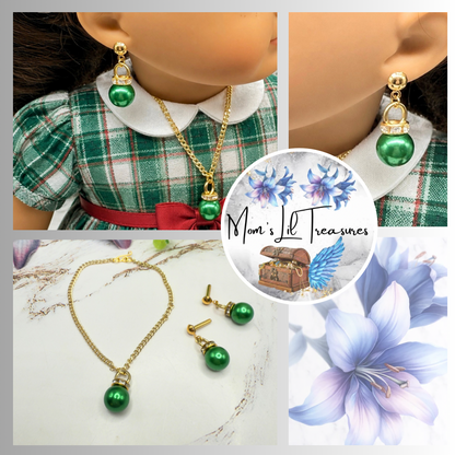 Green Christmas Ball Ornament Charm Doll Necklace & Dangle Doll Earrings • 2mm Post for 18 Inch Fashion Doll