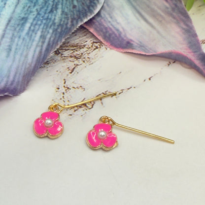 Vibrant Pink Enamel Inlay Flower Pearl Center Dangle Doll Earrings • 18 Inch Fashion Doll Jewelry