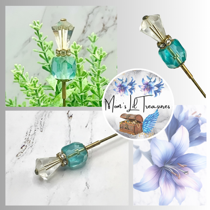 Turquoise Blue Glass Crystal -  Rhinestone Gold Tone 6” Pin • Hatpin - Stick Pin