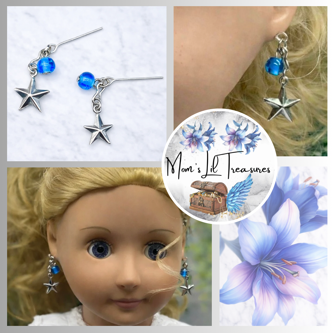 Blue Glass Silver Star Dangle Doll Earrings • 18 Inch Fashion Doll Jewelry