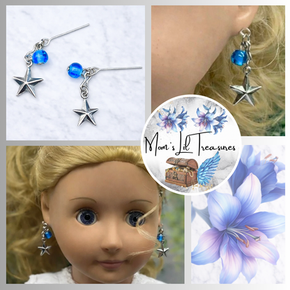 Blue Glass Silver Star Dangle Doll Earrings • 18 Inch Fashion Doll Jewelry