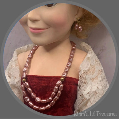 Light Purple Pearl Doll Necklace Earring Set • 18-22 Inch Vintage Doll Jewelry
