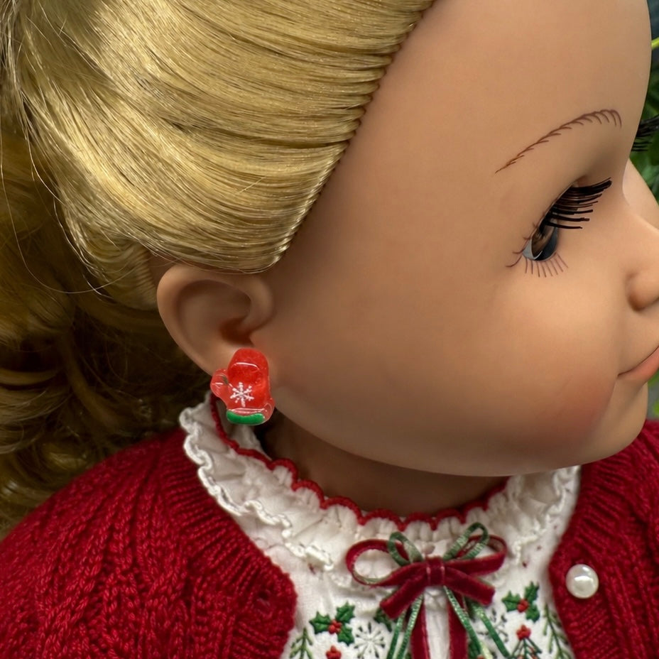Red Christmas Mitten Silicone / Plastic Post Doll Earrings • 18 Inch Fashion Doll Jewelry