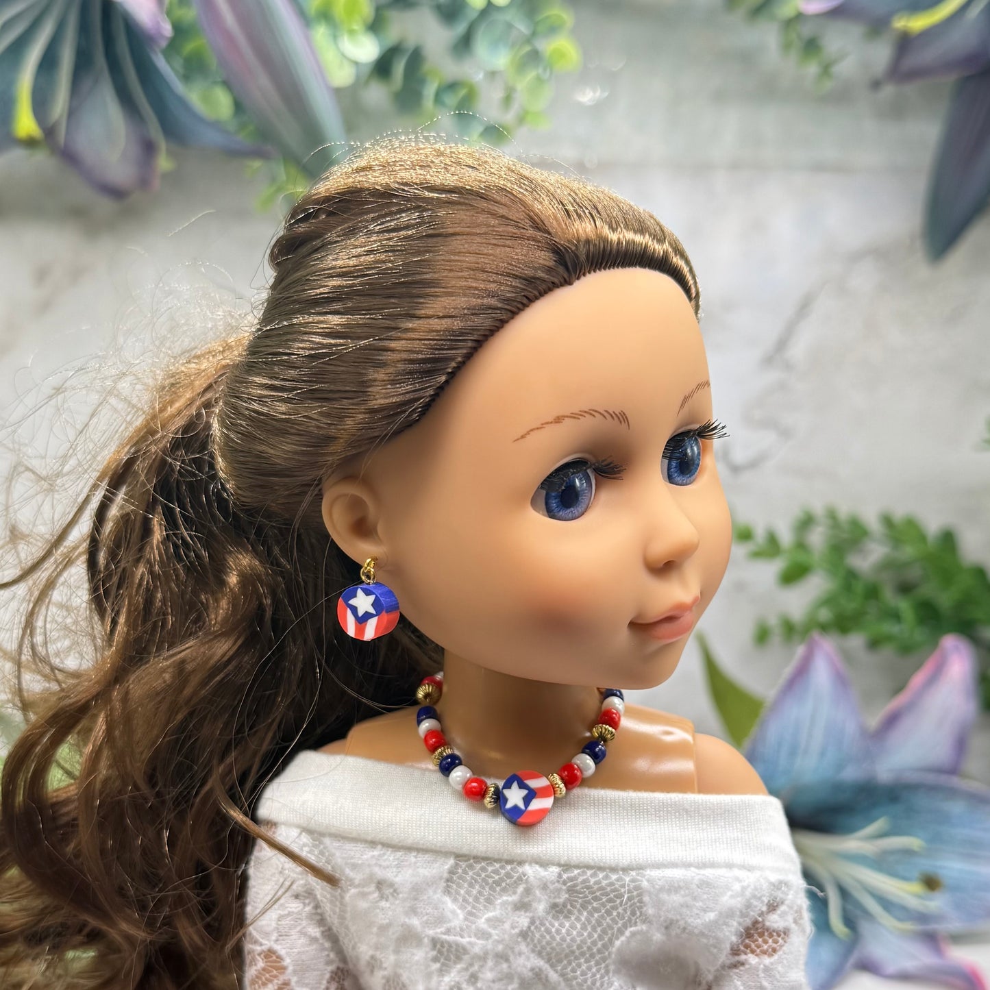 Red White Blue Americana Beaded Doll Necklace & Earrings Set for 14 Inch Fashion Doll