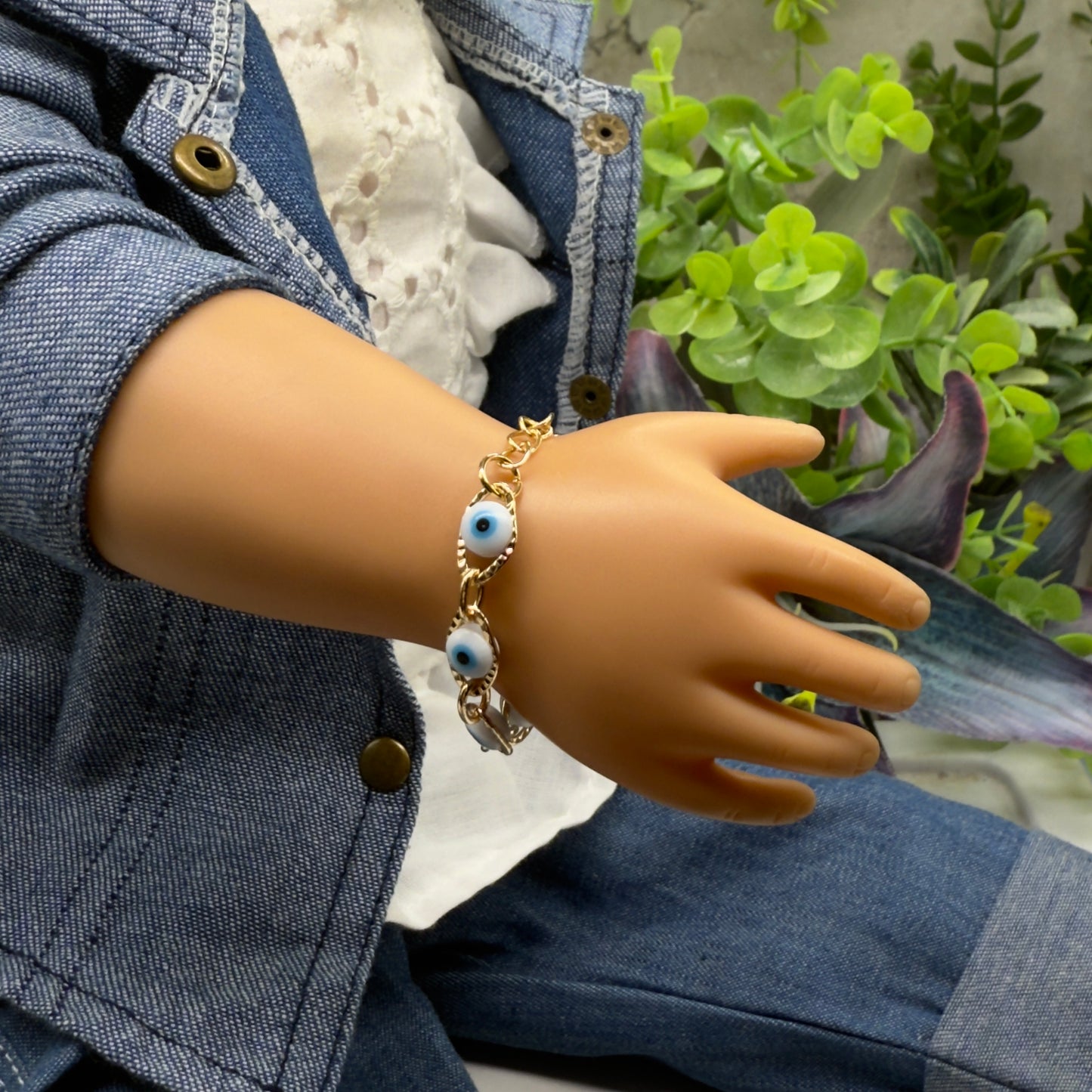 Blue Evil Eye Good Luck Gold Link Doll Bracelet • 18 Inch Fashion Doll Jewelry