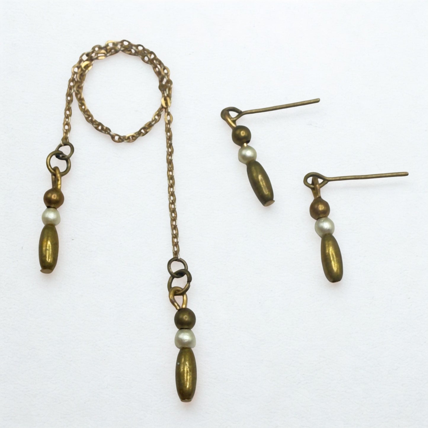 Brass Bronze Pearl Drop Wrap Doll Necklace / Belt & Earrings • 10-12 Inch Fashion Doll Jewelry 1:6