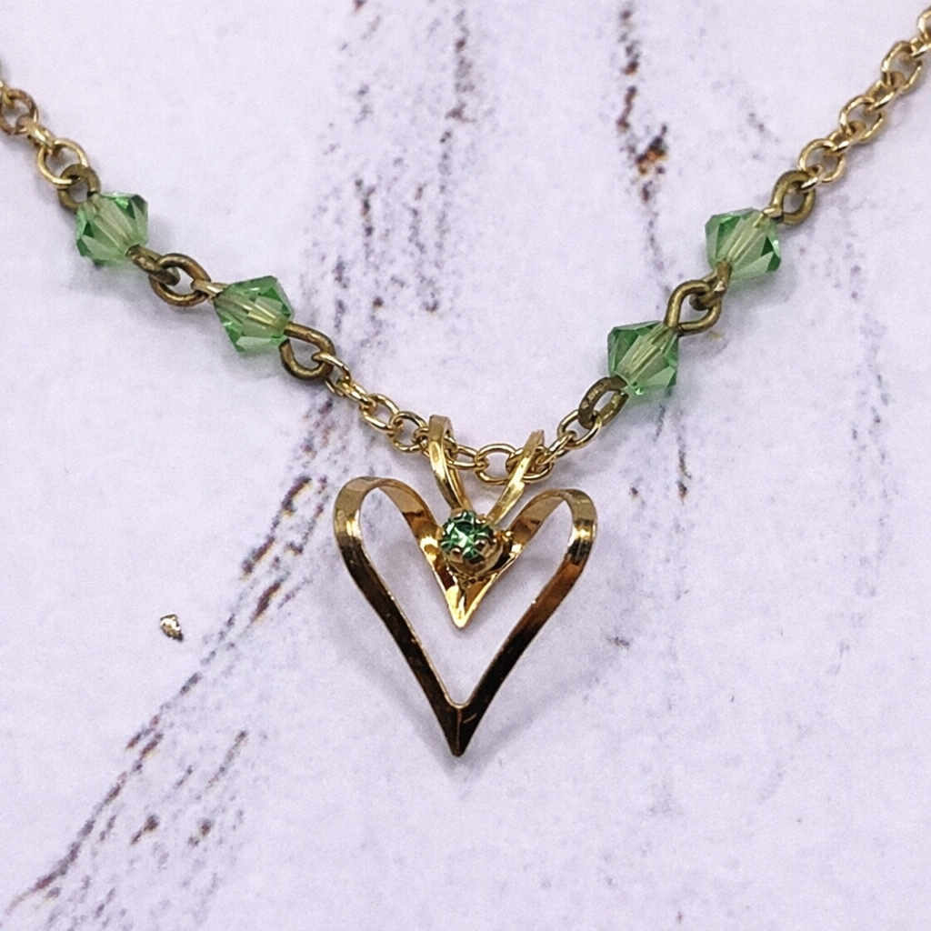 Gold Open Heart Pendant Green Glass Crystal Accent Doll Necklace • 18 Inch Doll Jewelry