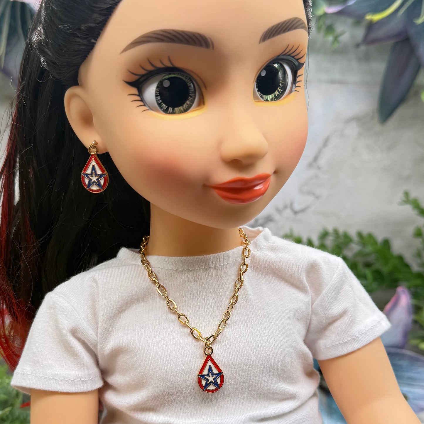 Red White Blue Teardrop Patriotic Star Gold Doll Necklace & Earrings for 18 Inch Fashion Doll