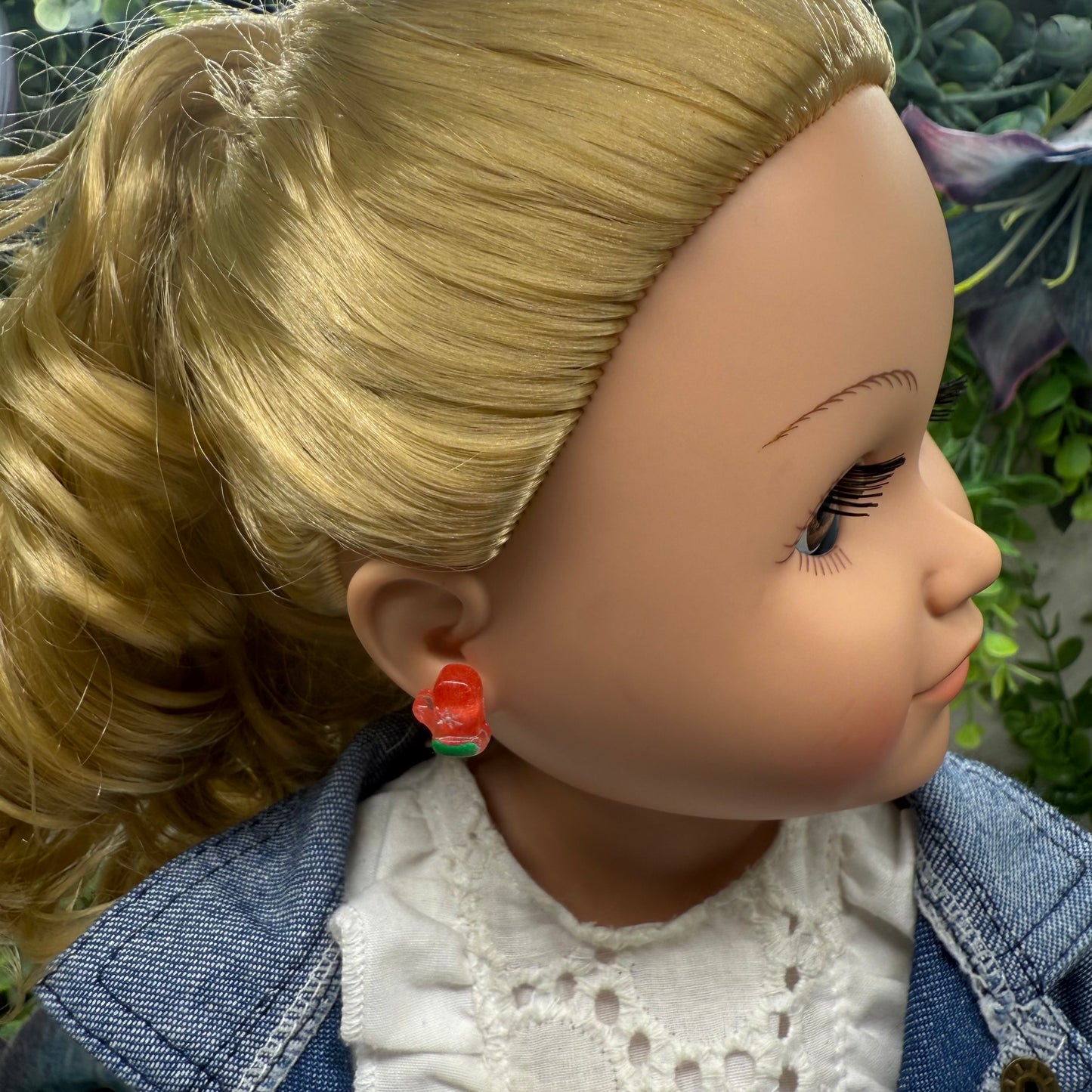 Red Christmas Mitten Silicone / Plastic Post Doll Earrings • 18 Inch Fashion Doll Jewelry