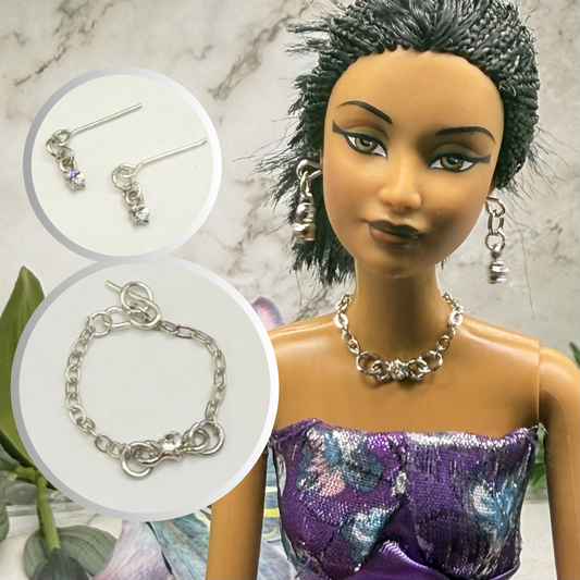 Silver Chain Clear Star Rhinestone Accent Doll Necklace & Earrings • 10-12 Inch Fashion Doll Jewelry 1:6