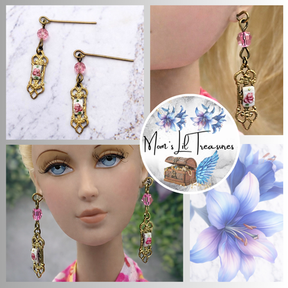 Pink Crystal Rose Design Gold Filigree Dangle Doll Earrings • 16” Doll Jewelry