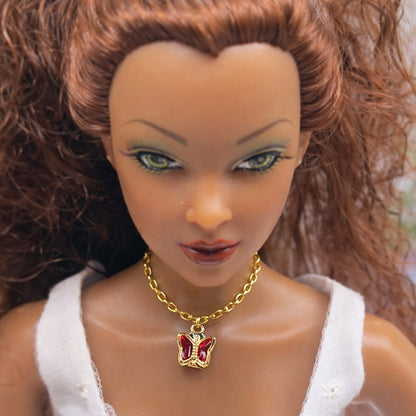 Gold Chain Red Crystal Butterfly Charm Doll Necklace • 16 Inch Fashion Doll Jewelry