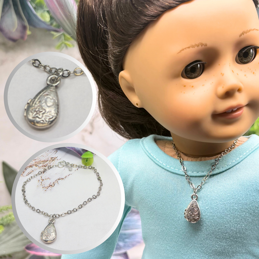 Teardrop Pendant Heart Flower Design Silver Doll Necklace • 18 Inch Fashion Doll Jewelry