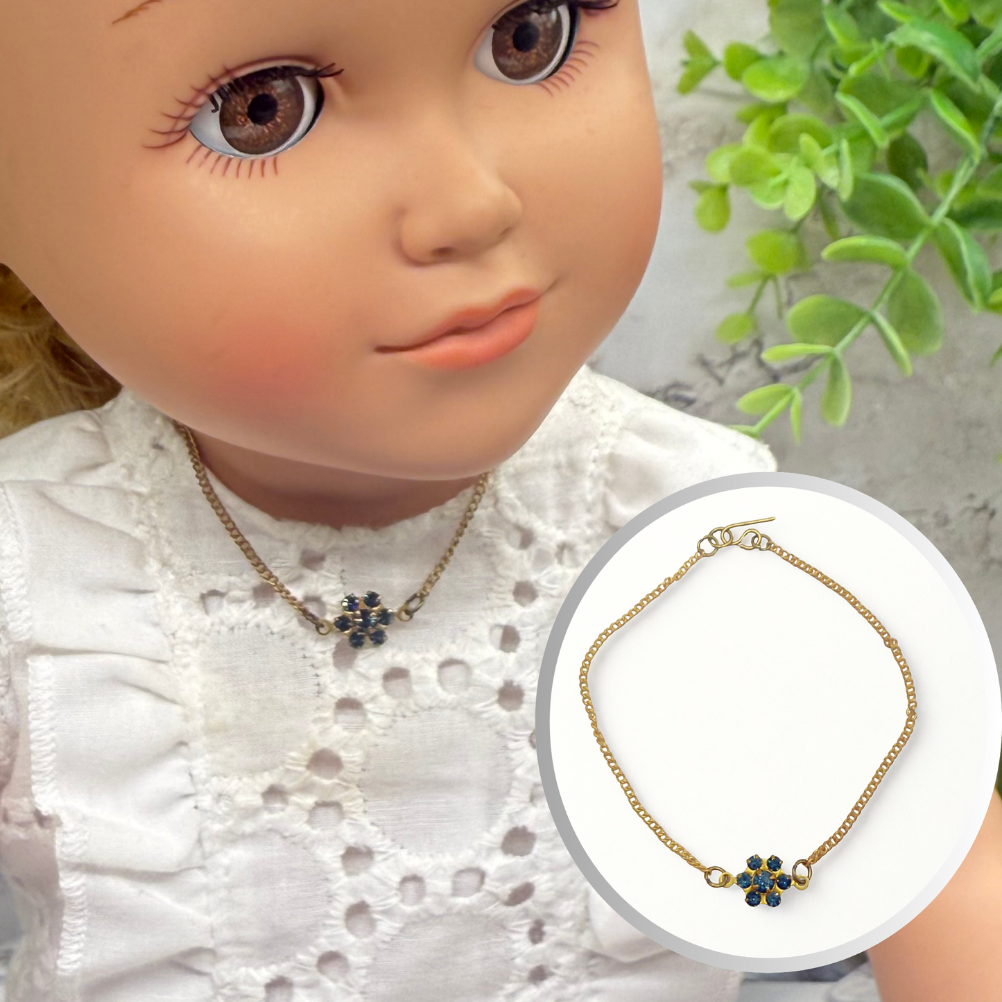 Tiny Blue Rhinestone Flower Gold Chain Doll Necklace • 18” Fashion Doll Jewelry