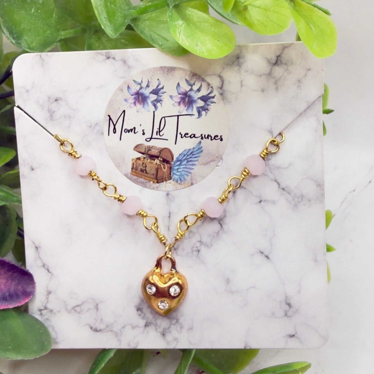 Light Pink Glass Bead Gold Heart Charm Doll Necklace • 14 Inch Fashion Doll Jewelry