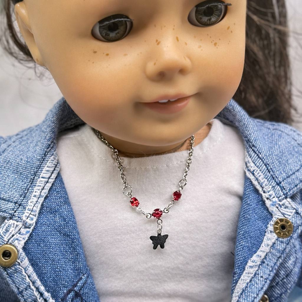 Silver Butterfly Charm Red Rhinestone Accent Doll Necklace • 18 Inch Fashion Doll Jewelry