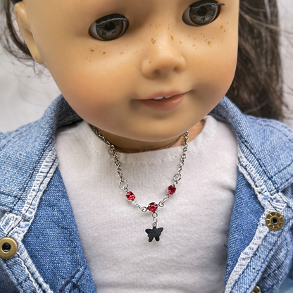 Silver Butterfly Charm Red Rhinestone Accent Doll Necklace • 18 Inch Fashion Doll Jewelry
