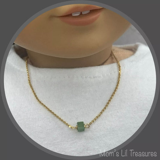 Gold Serpentine Chain Green Square Glass Accent  Doll Necklace •18” Doll Jewelry
