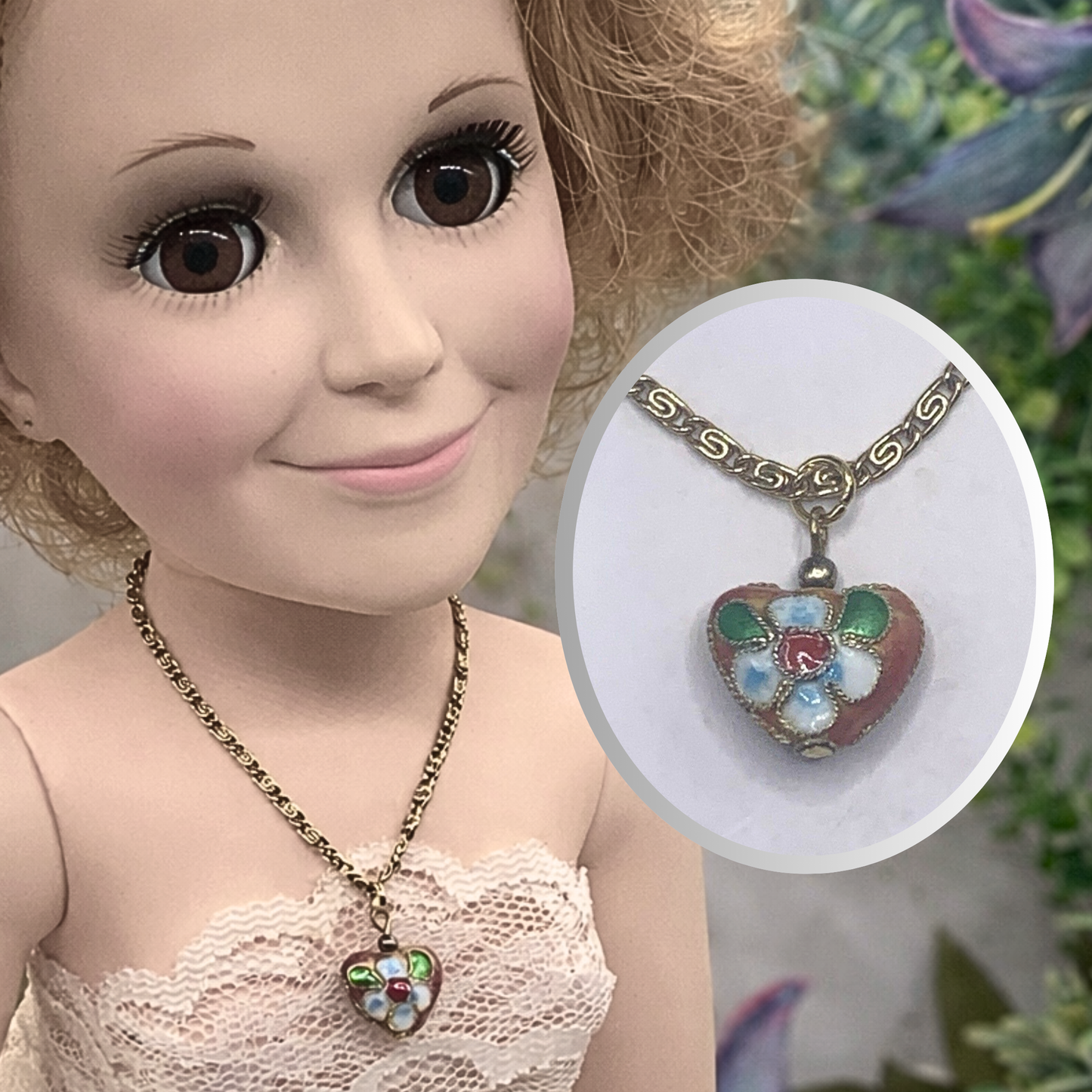 Flower Design Heart Doll Necklace Gold Chain for 18-22” Vintage Fashion Dolls