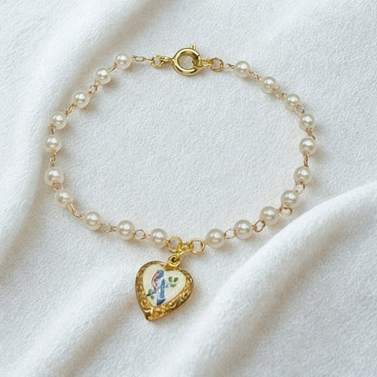 Blue Bird Design Gold Heart Charm Pearl Beaded Doll Necklace • 18 Inch Fashion Doll Jewelry